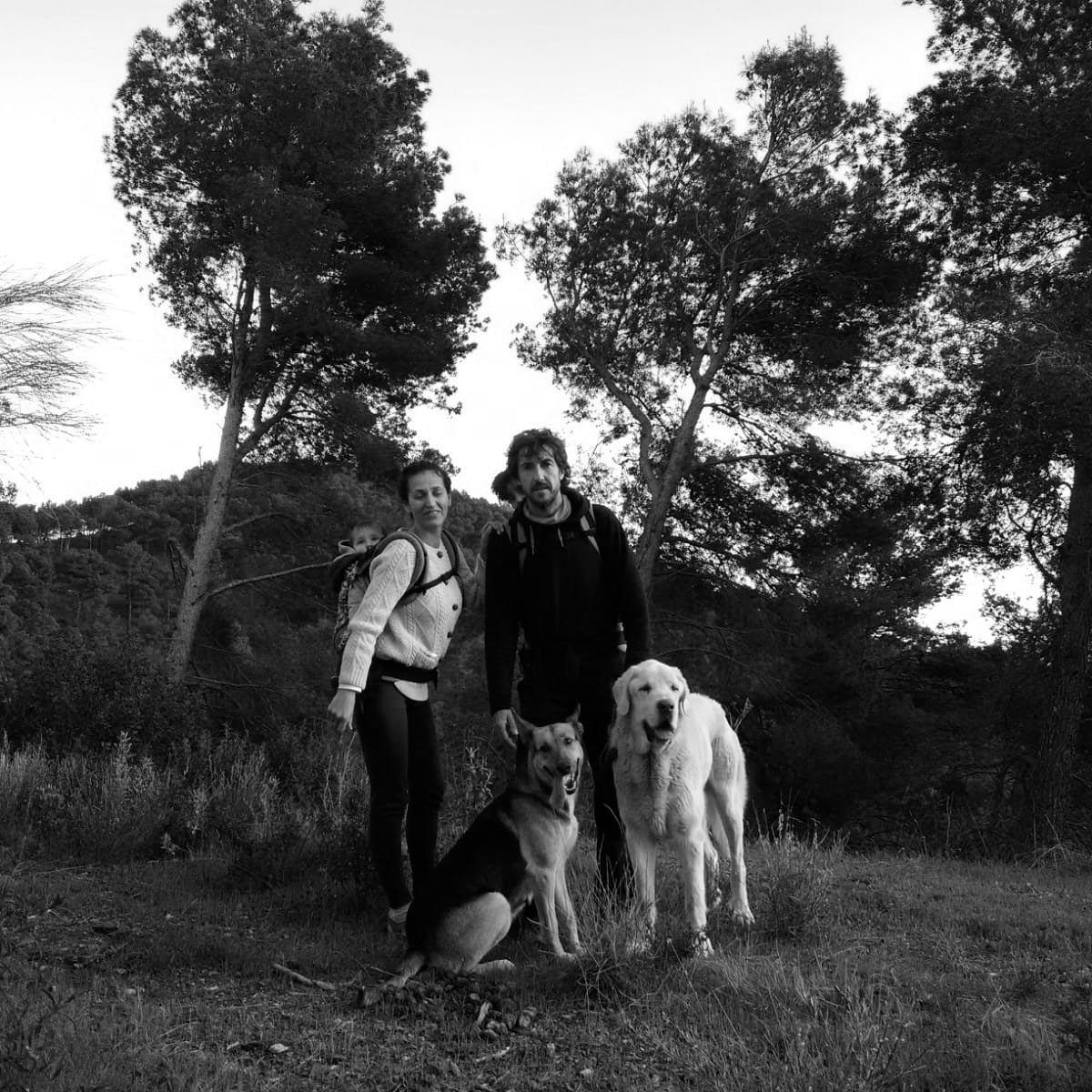 Foto de los fundadores de la empresa Alfartierrecocida, con sus perros y su hijo