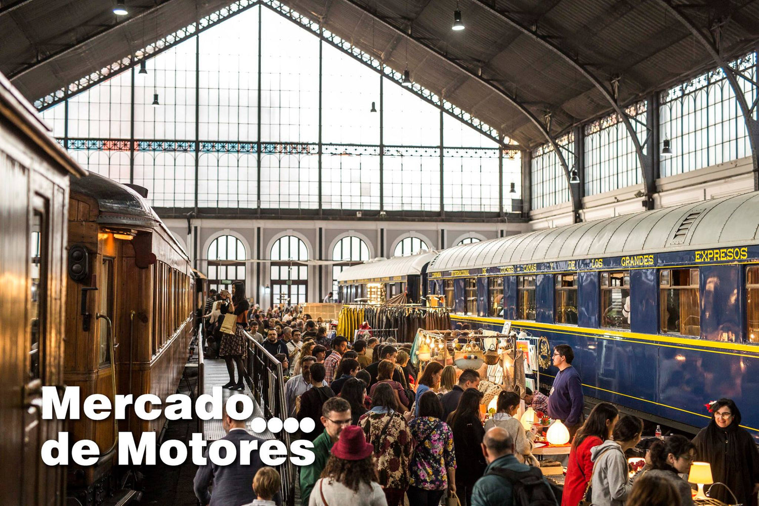 foto del mercado de motores dentro de una estación, entre los vagones, con comerciantes y turistas.